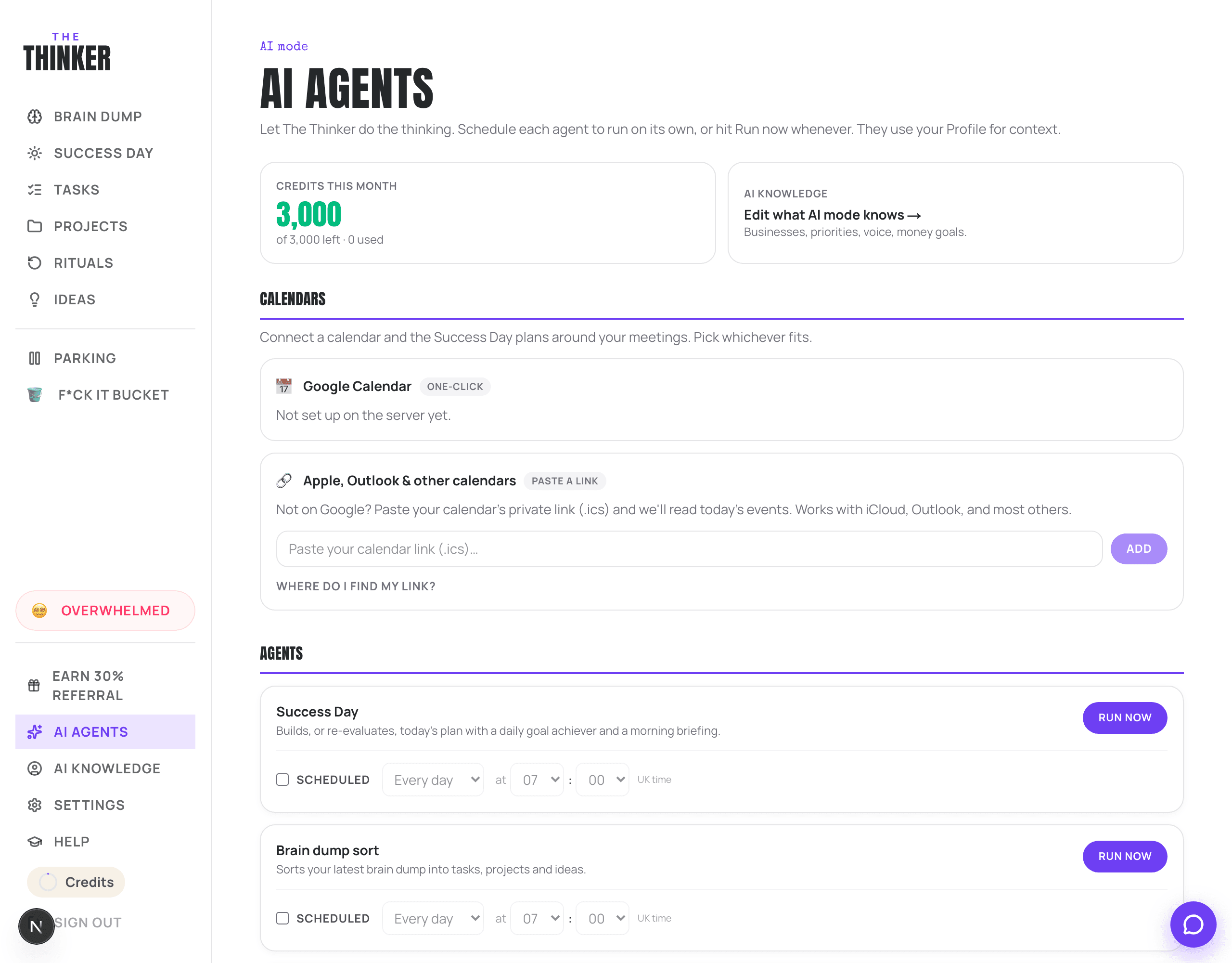 The AI Agents page, showing each agent with a Run now button and a schedule.