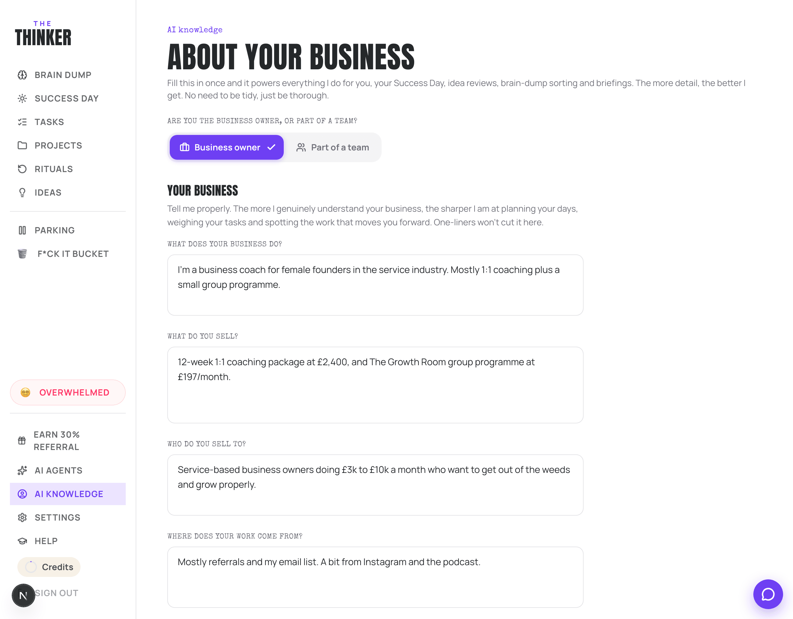 The AI Knowledge page, showing the questions about your business and your goals.