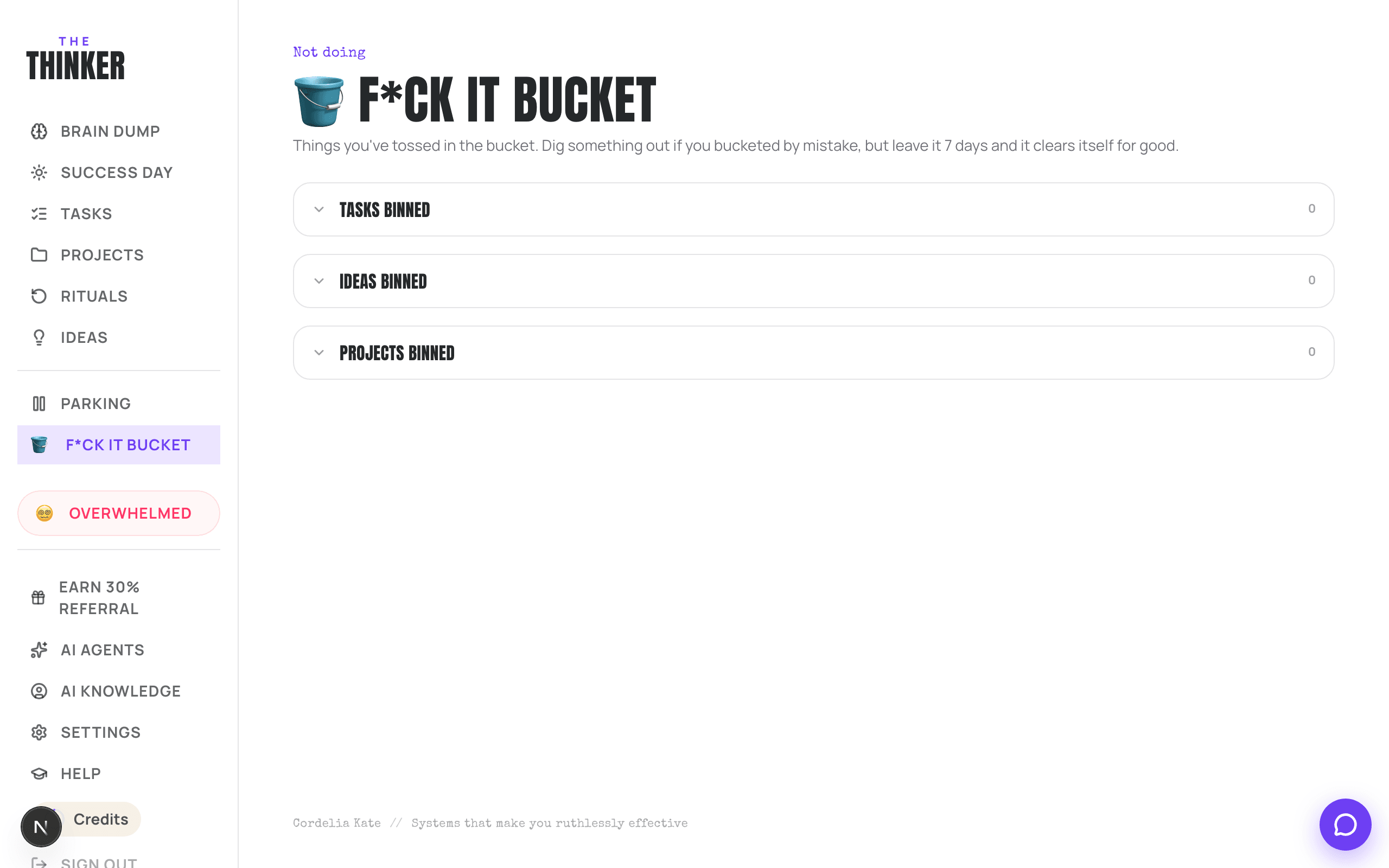 The F*ck It Bucket page, showing discarded items.