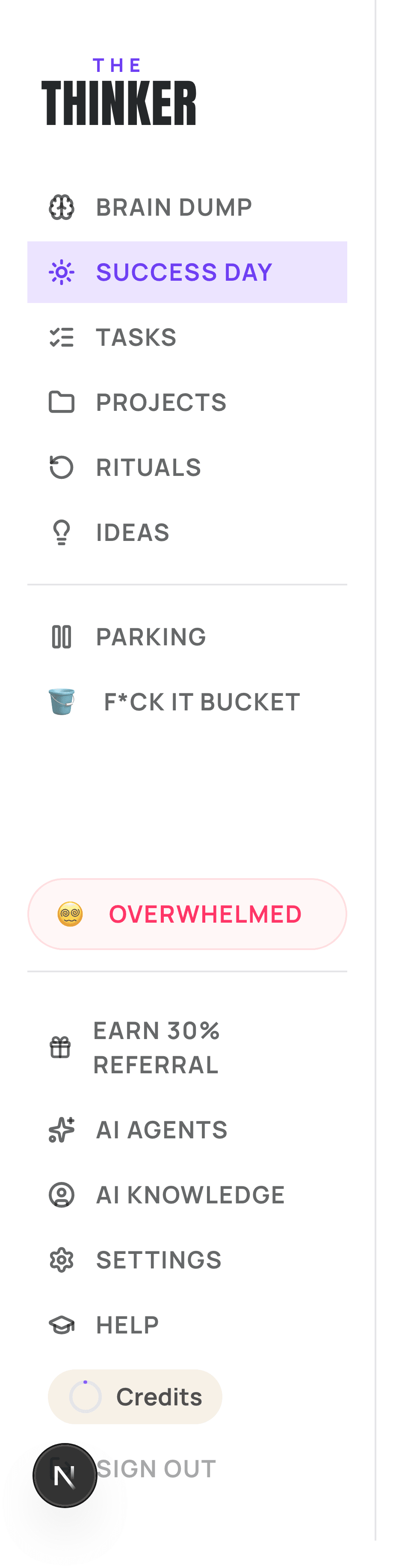 Thinker's sidebar menu listing every section of the app.