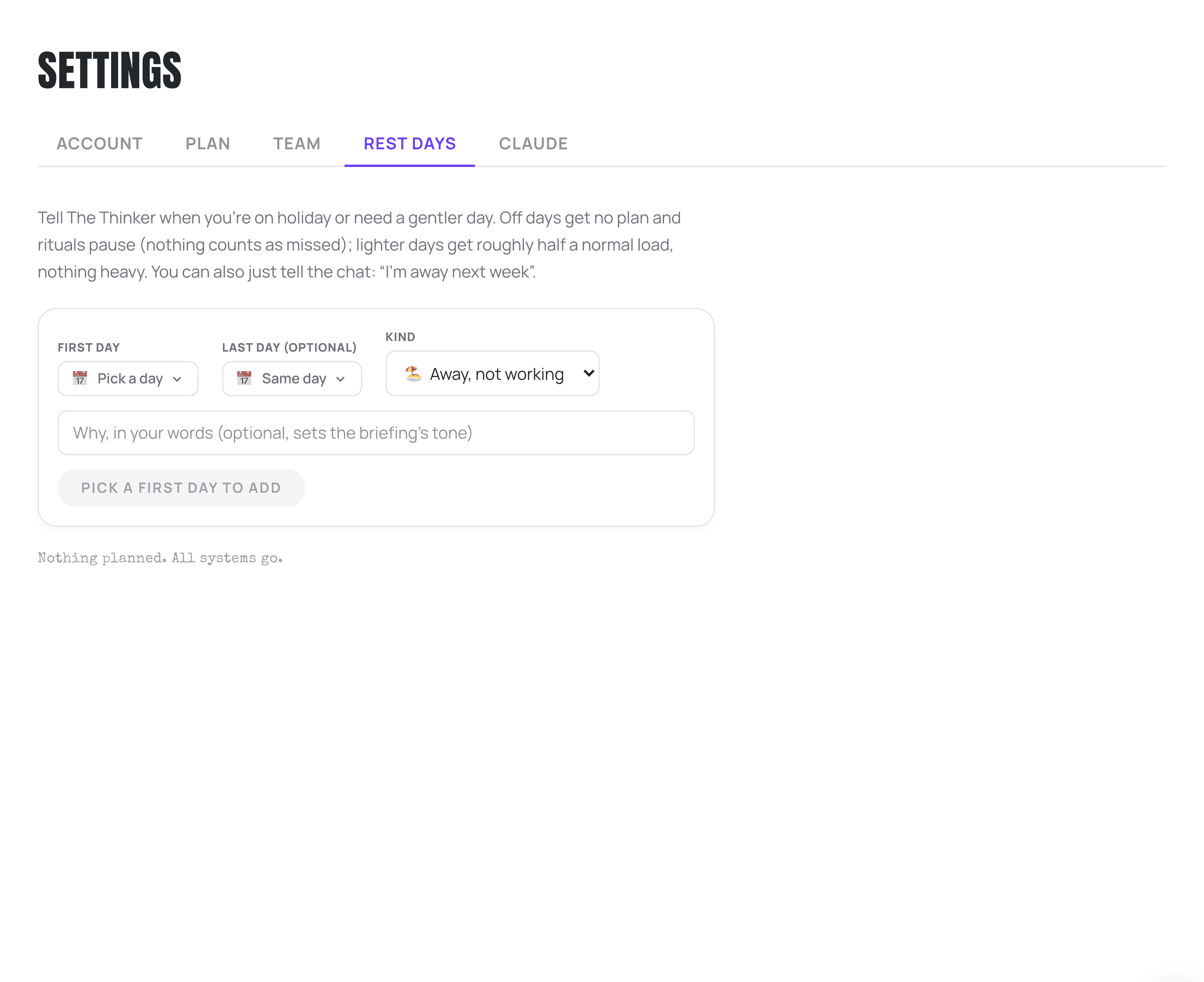 The Rest days tab in Settings.