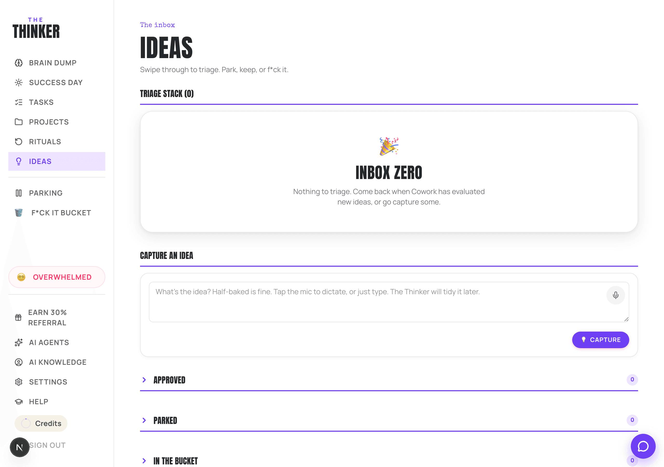 The Ideas page, showing captured ideas.