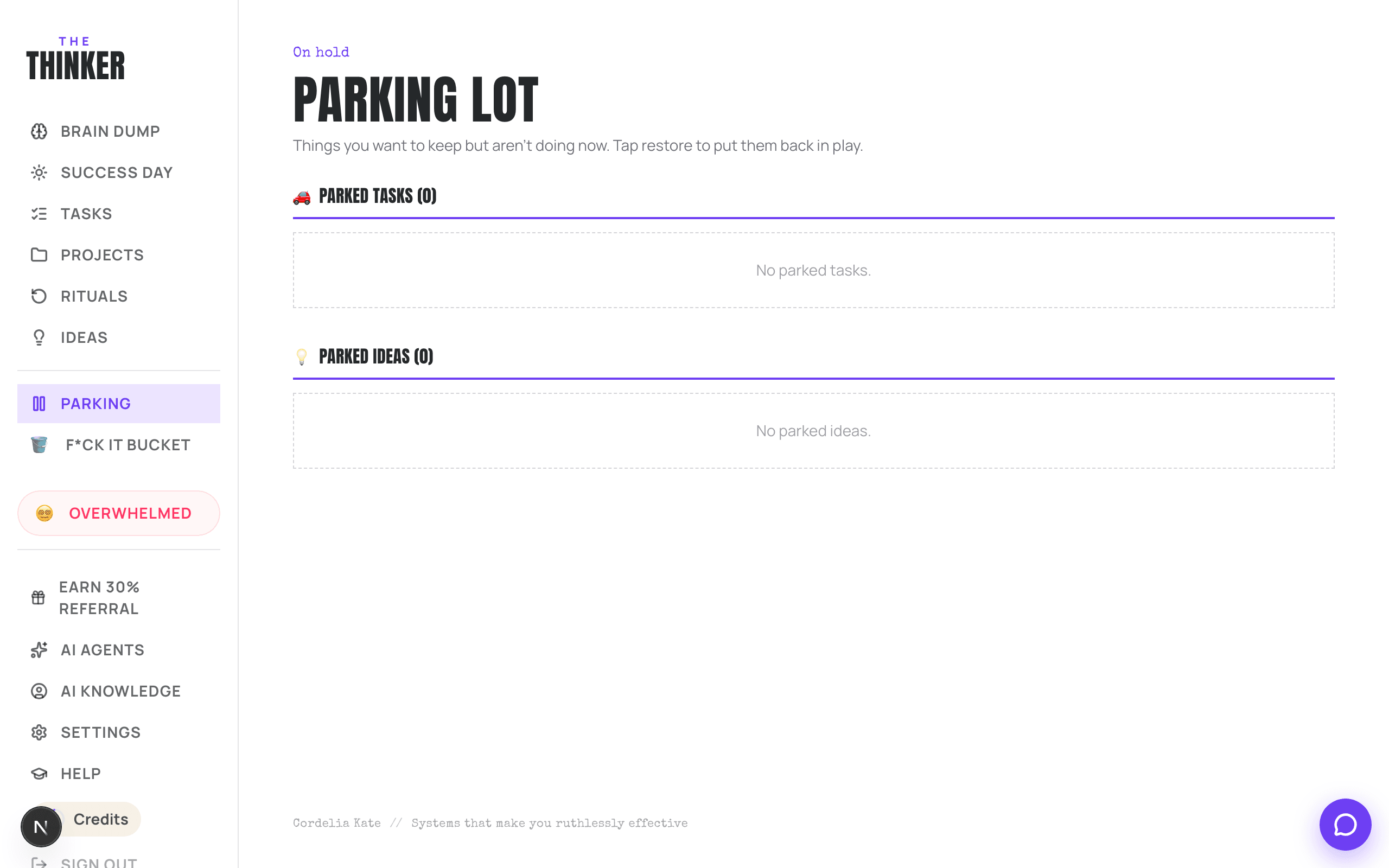 The Parking Lot page, showing parked items.