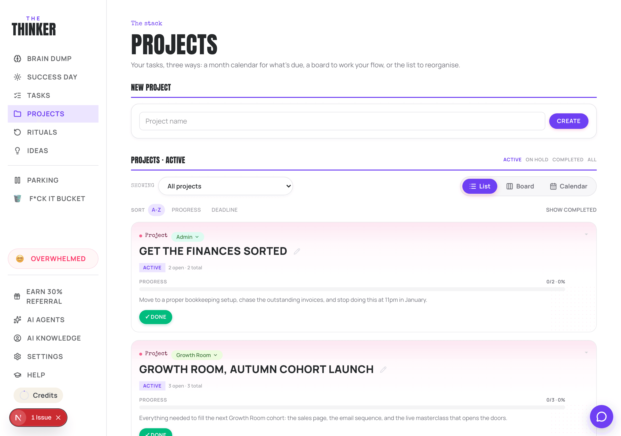 The Projects page, showing projects as cards.