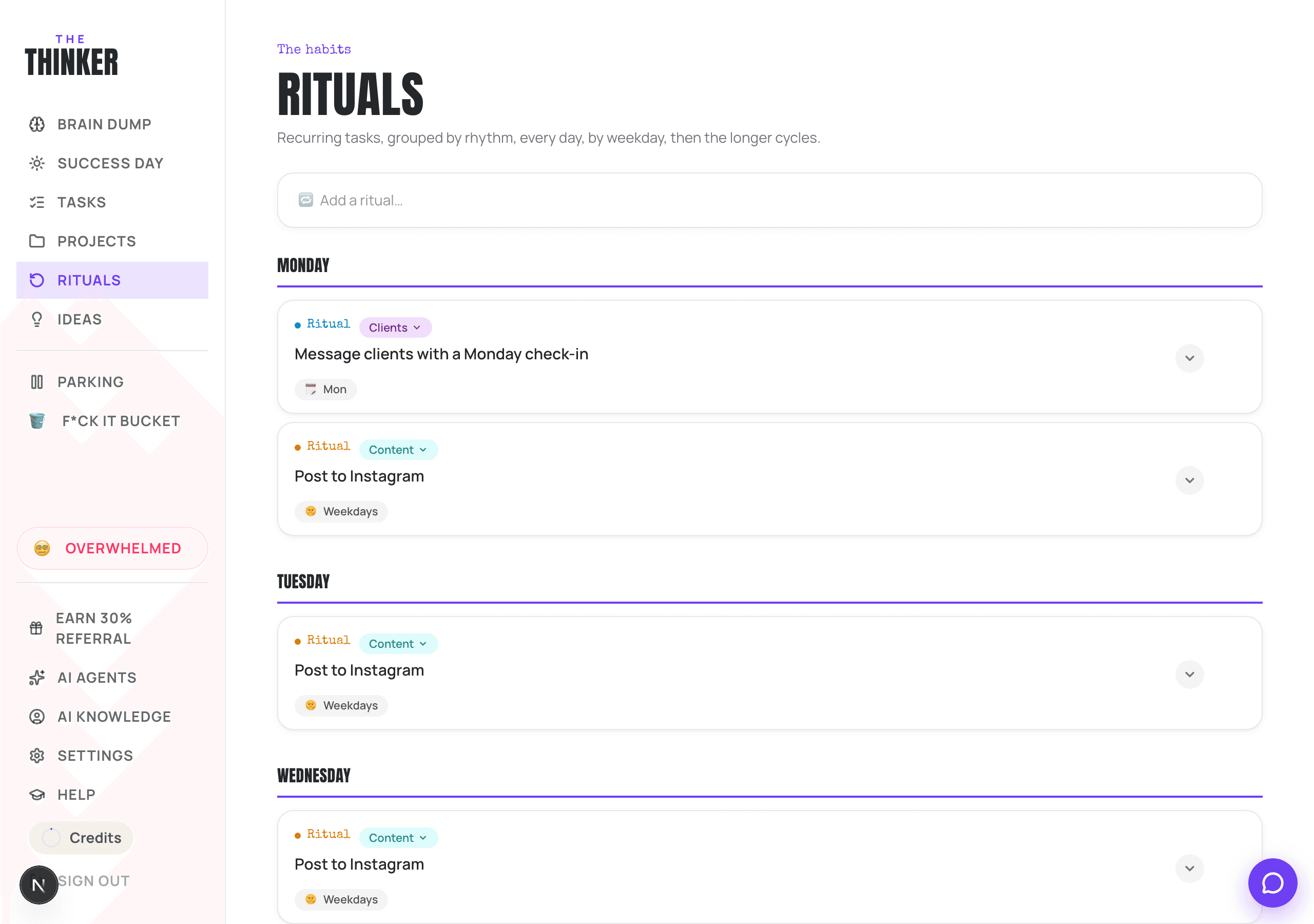 The Rituals page, listing repeating items and when they are next due.