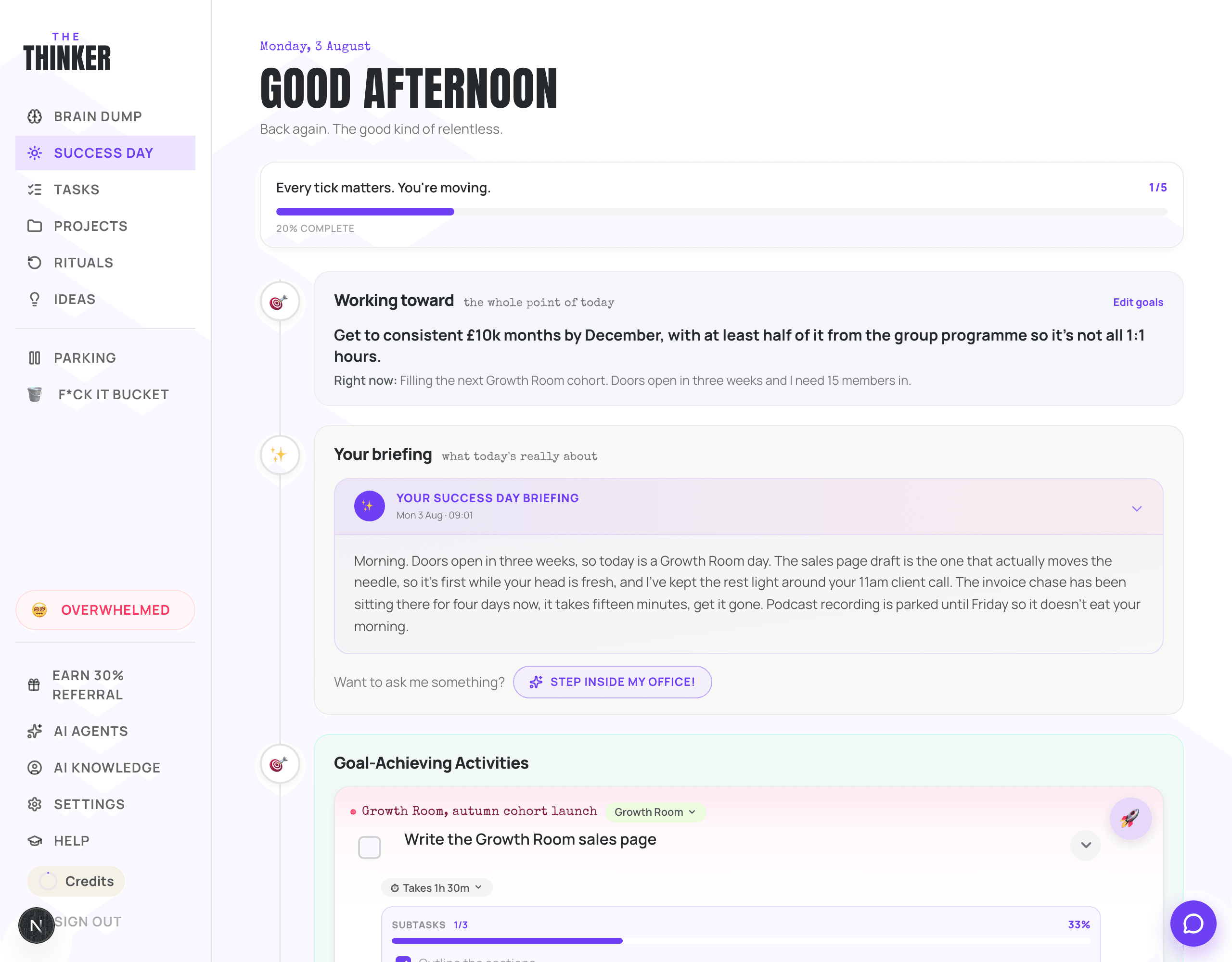The Success Day page, showing the goal, the briefing and today's short list.