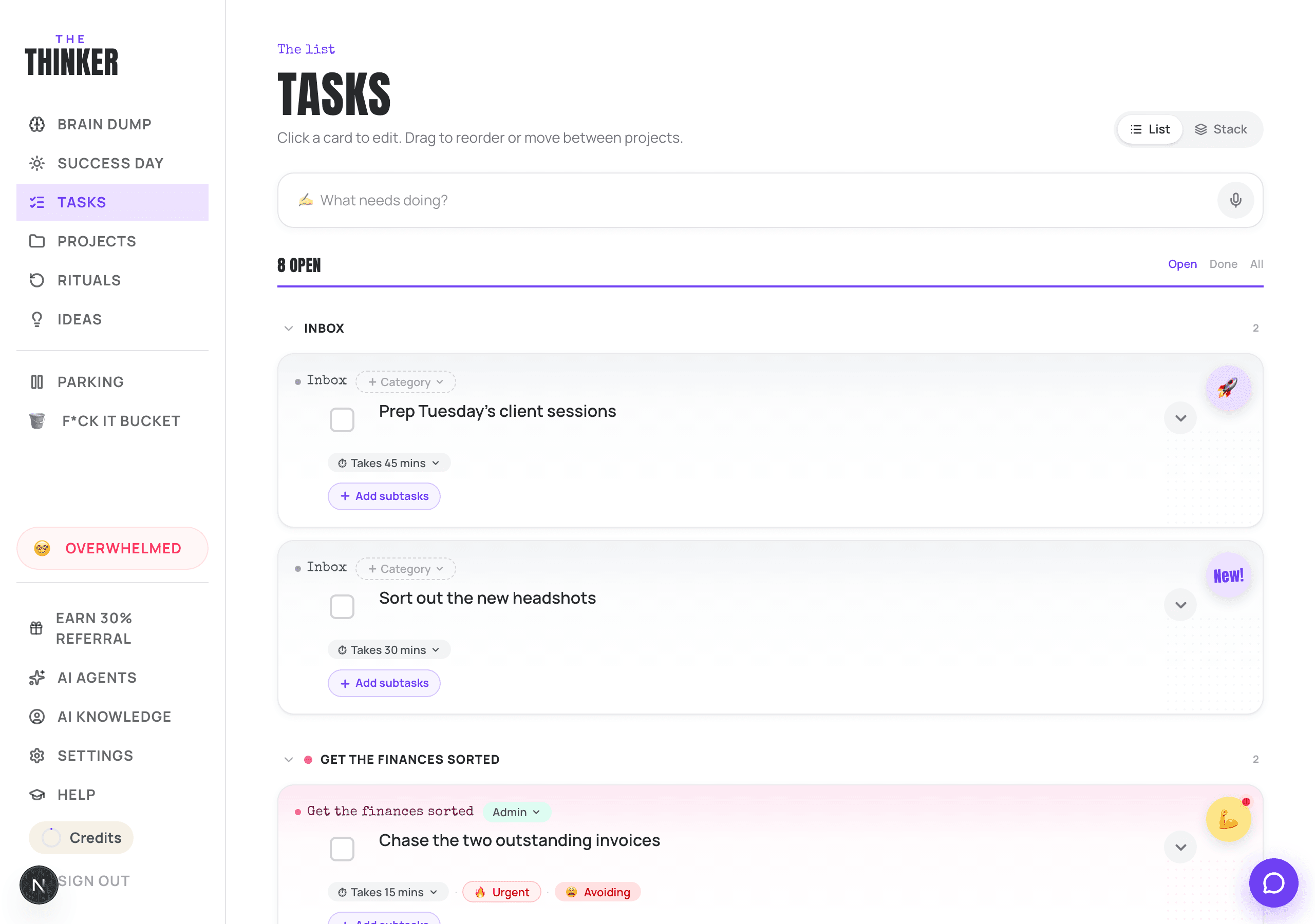 The Tasks page, showing task cards with their badges and dials.